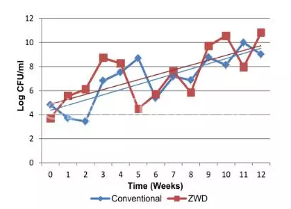 图7：在常规和ZWD系统中 90天养殖期内细菌总量