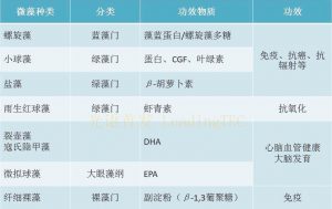 表1.一些已经实现商业化生产的藻类及其功效物质