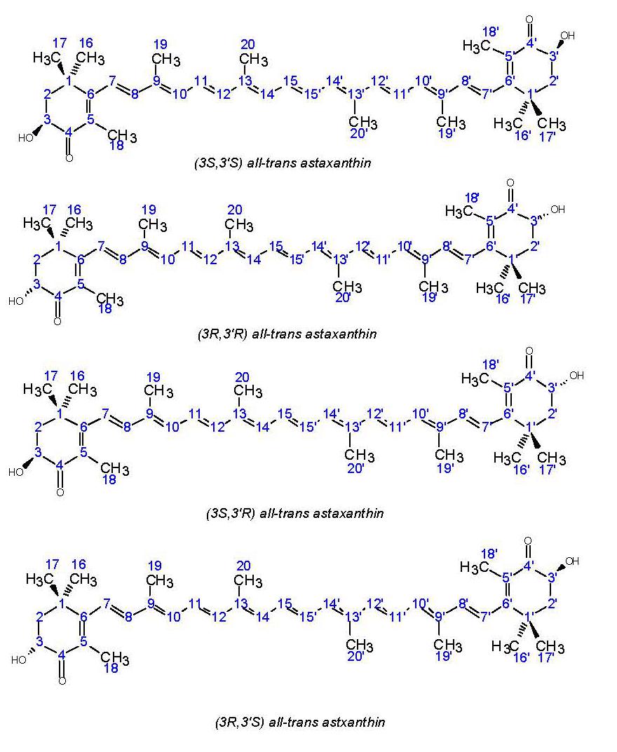 图3.虾青素的四种化学结构式，by KD Nguyen （按本篇代号，从上往下依次为A、B、C和D型）