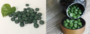 图6.左图为某品牌的光养小球藻（墨绿），右图为某品牌的发酵小球藻（鲜绿）。