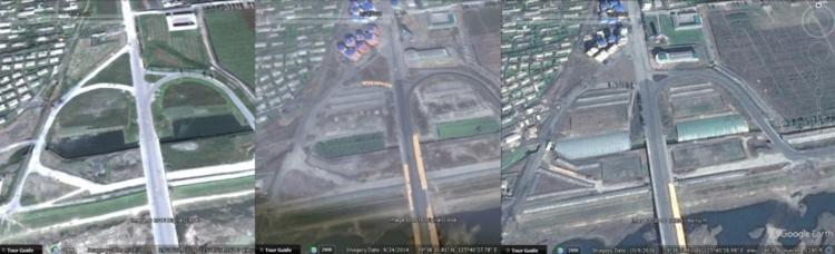 左、中、右分别为 2010 年、2014 年和 2016 年朝鲜南雄池塘的照片。