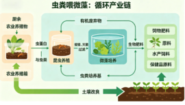 信息图展示虫类养殖与微藻养殖的循环产业链，包含农业养殖箱、昆虫养殖、微藻培养和原料产出等环节。
