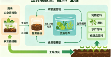 信息图展示虫类养殖与微藻养殖的循环产业链，包含农业养殖箱、昆虫养殖、微藻培养和原料产出等环节。