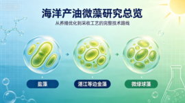 Banner infographic showing three stages of marine oil-producing microalgae growth from left to right, with Chinese labels under each stage, a bright sun on the top-right, and lab-themed background.
