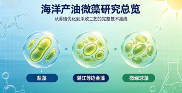 Banner infographic showing three stages of marine oil-producing microalgae growth from left to right, with Chinese labels under each stage, a bright sun on the top-right, and lab-themed background.