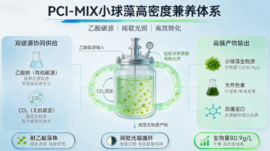 中央反应器带CO2输入，循环培养高密度微藻，输出高价值产物（生物量80.9 g/L、天然色素、蛋白质等）