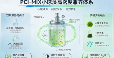 中央反应器带CO2输入，循环培养高密度微藻，输出高价值产物（生物量80.9 g/L、天然色素、蛋白质等）