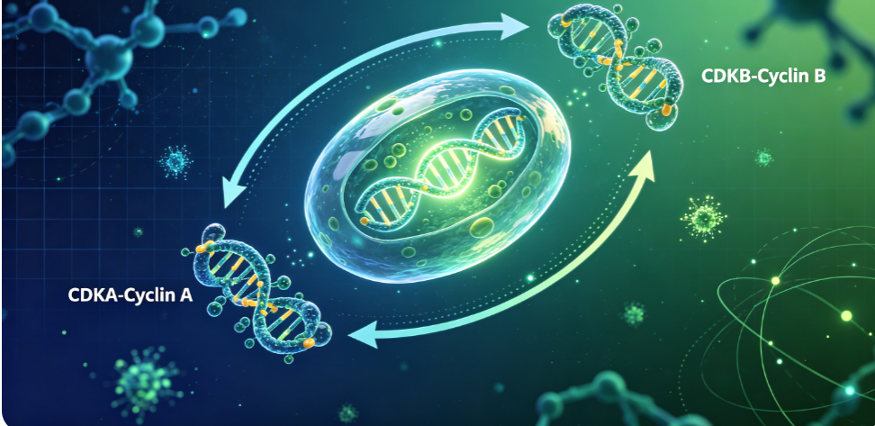 Cell-cycle diagram showing CDK-A-Cyclin A and CDK-B-Cyclin B connected by arrows.