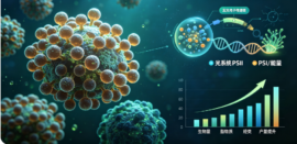 Illustration of virus-like cells with a labeled DNA-transport schematic and a rising bar chart showing growth trends in biomolecule production (PSII/PSI notations).