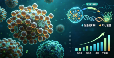 Illustration of virus-like cells with a labeled DNA-transport schematic and a rising bar chart showing growth trends in biomolecule production (PSII/PSI notations).