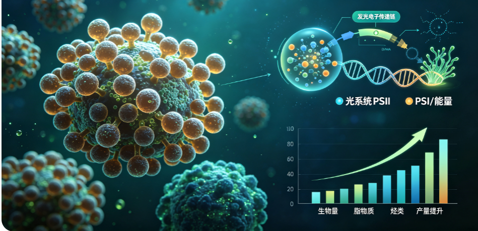 Illustration of virus-like cells with a labeled DNA-transport schematic and a rising bar chart showing growth trends in biomolecule production (PSII/PSI notations).