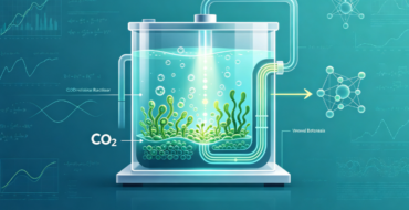 Algae bioreactor capturing CO2: glass chamber with bubbling water and green algae, connected tubing and data graphics in the background.