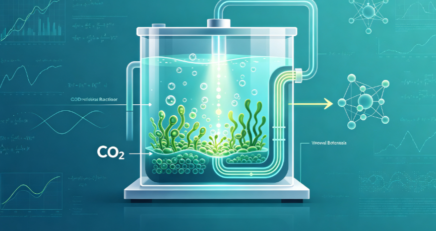 Algae bioreactor capturing CO2: glass chamber with bubbling water and green algae, connected tubing and data graphics in the background.