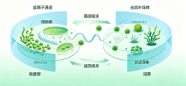 Diagram of gene transfer between a cell and a photosynthetic plastid, showing DNA modules moving across membranes.
