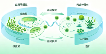 Diagram of gene transfer between a cell and a photosynthetic plastid, showing DNA modules moving across membranes.