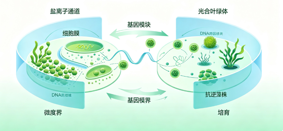Diagram of gene transfer between a cell and a photosynthetic plastid, showing DNA modules moving across membranes.