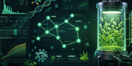 Futuristic biotech lab with data charts and a glowing bioreactor containing green plants, illustrating synthetic biology research.