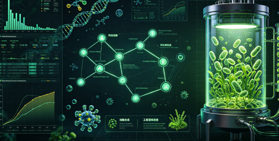 Futuristic biotech lab with data charts and a glowing bioreactor containing green plants, illustrating synthetic biology research.