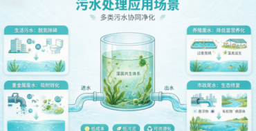 Infographic of a wastewater treatment system with a central bioreactor and four side panels showing different treatment scenarios (domestic, heavy metal, farm, ecological restoration).