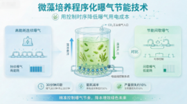 Diagram of a microalgae bioreactor with aeration control, showing high-energy continuous aeration on the left and energy-saving aeration on the right for cost reduction.