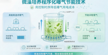 Diagram of a microalgae bioreactor with aeration control, showing high-energy continuous aeration on the left and energy-saving aeration on the right for cost reduction.