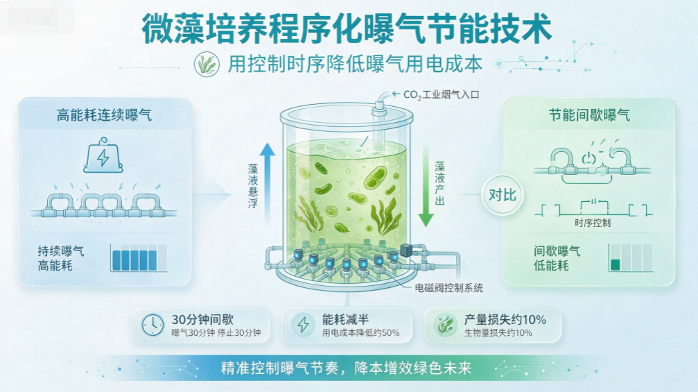 Diagram of a microalgae bioreactor with aeration control, showing high-energy continuous aeration on the left and energy-saving aeration on the right for cost reduction.