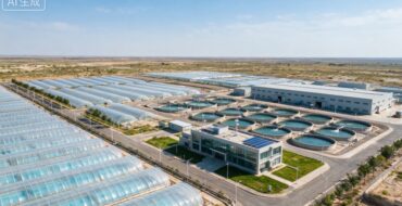Aerial view of a water treatment plant with circular sedimentation tanks and long greenhouse rows under a clear blue sky.