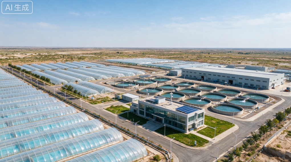 Aerial view of a water treatment plant with circular sedimentation tanks and long greenhouse rows under a clear blue sky.