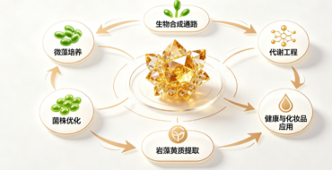 Infographic of a circular biosynthetic pathway centered on a golden crystal, with six steps: 微藻培养, 菌株优化, 岩藻黄质提取, 健康与化妆品应用, 代谢工程, 生物合成通路.