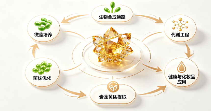 Infographic of a circular biosynthetic pathway centered on a golden crystal, with six steps: 微藻培养, 菌株优化, 岩藻黄质提取, 健康与化妆品应用, 代谢工程, 生物合成通路.