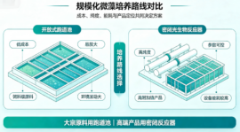 信息图对比两种微藻培养路线：开放式跑道池与密闭光生物反应器，标注了成本、纯度、易放大等要点。