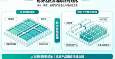 信息图对比两种微藻培养路线：开放式跑道池与密闭光生物反应器，标注了成本、纯度、易放大等要点。