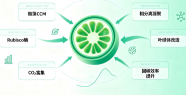 Infographic of a lime cross-section with green arrows pointing to six labeled boxes in Chinese: 微藻 CCM, Rubisco酶, CO2富集, 相分离凝聚, 叶绿体改造, 固碳效率提升.
