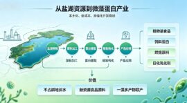 图解：从盐湖资源到微藻蛋白产业的工艺链，涵盖盐湖养殖、浸粉加工、蛋白提取、精制纯化与产品应用的流程。右侧列示植物基食品等应用方向。）、（示意图）以盐湖资源为起点，展示多步骤转化直至产品化的路径。