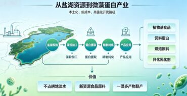 图解：从盐湖资源到微藻蛋白产业的工艺链，涵盖盐湖养殖、浸粉加工、蛋白提取、精制纯化与产品应用的流程。右侧列示植物基食品等应用方向。）、（示意图）以盐湖资源为起点，展示多步骤转化直至产品化的路径。